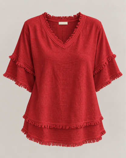 Sara | Vintage Frayed V-Neck Linen Top