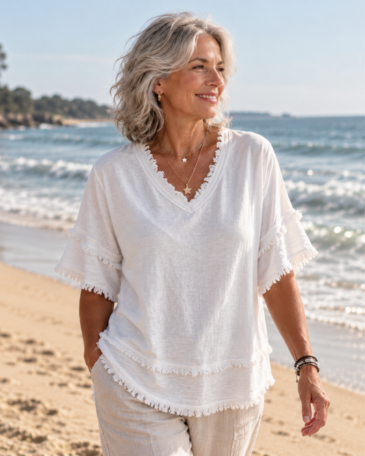 Sara | Vintage Frayed V-Neck Linen Top